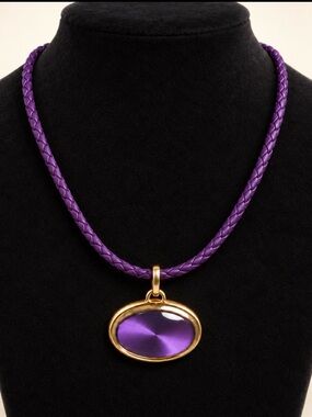 Joan Rivers Purple Oval Pendant Necklace on Braided Purple Genuin Leather Cord